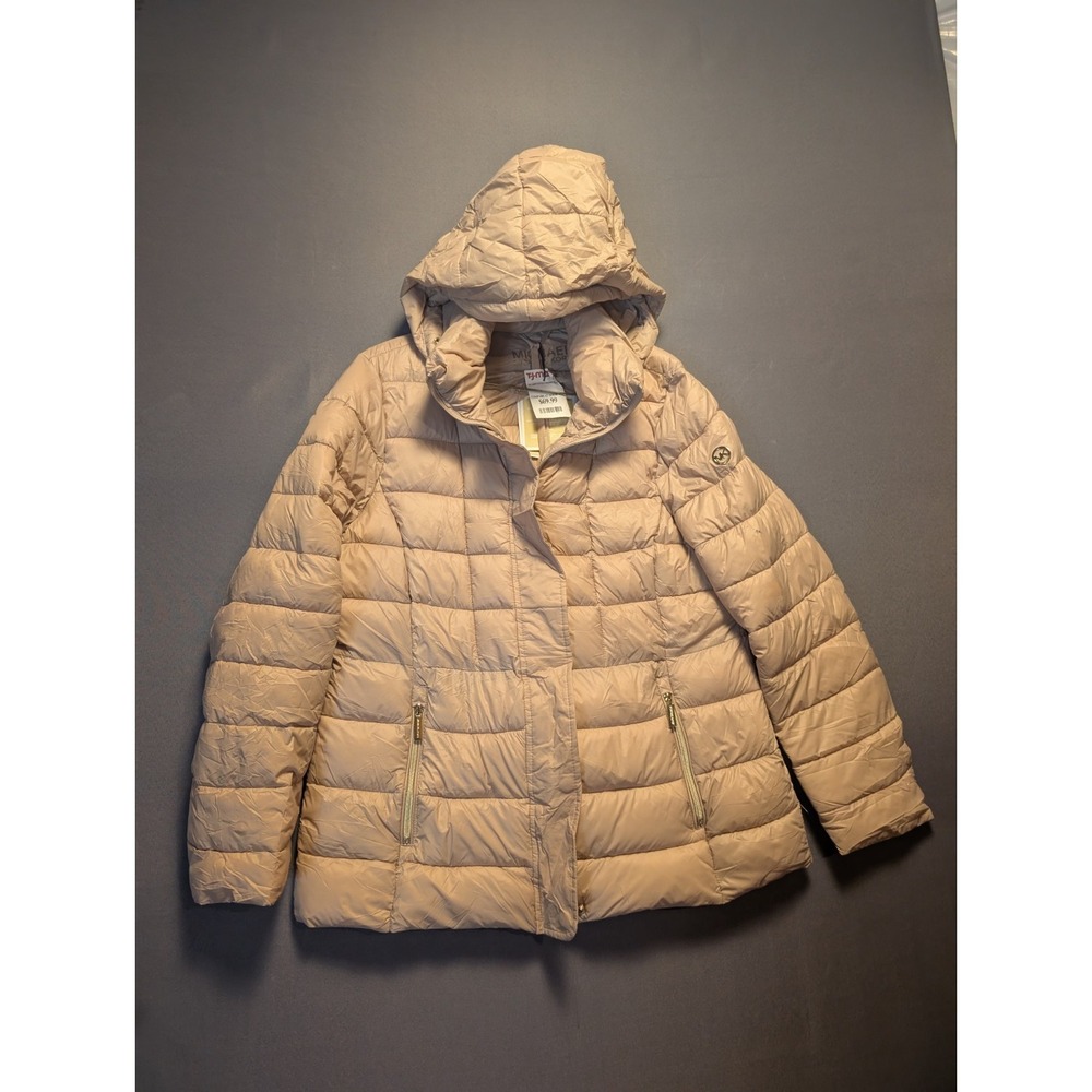 Michael Kors Packable Puffer Jacket Womens Large Beige Outdoor Snap & Full Zip